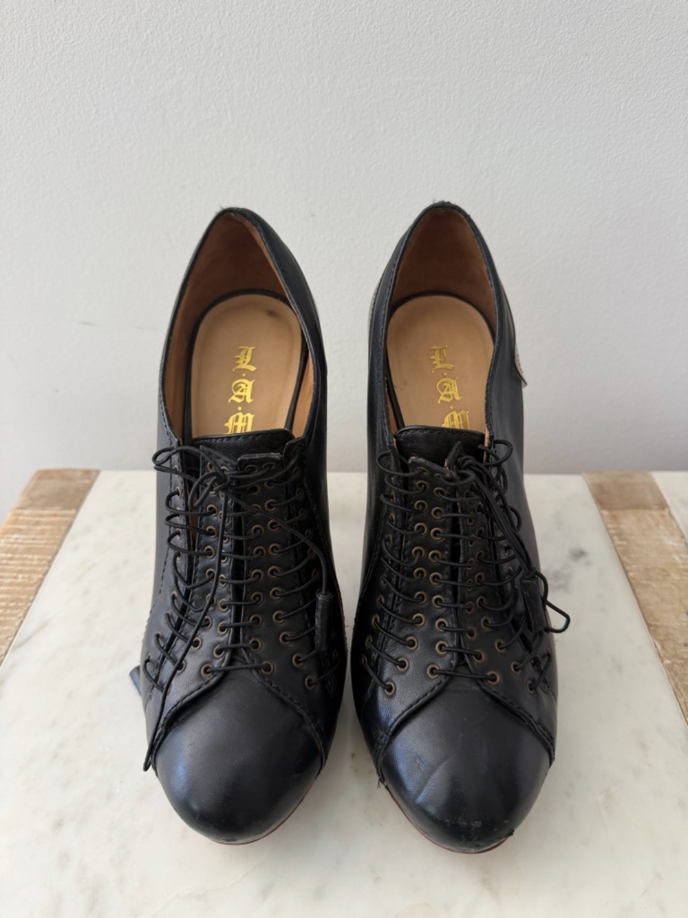 L.A.M.B. Gwen Stephani Black Leather Lace-Up Oxford Boots
